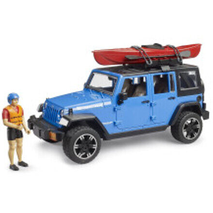 Jeep Bruder Wrangler Rubicon Unlimited cu caiac pe plafon și figurină